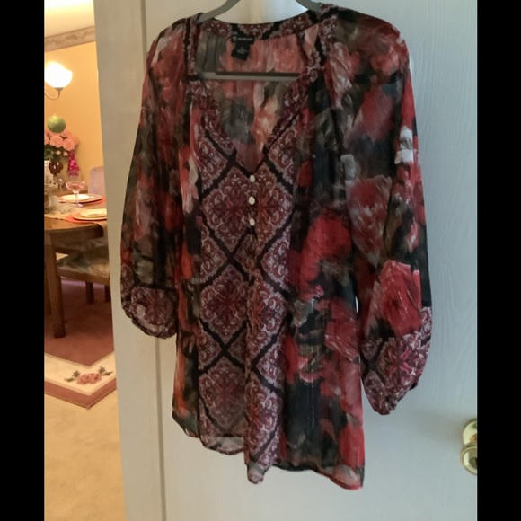 New directions long sleeve sheer blouse size large red and black in great - Picture 1 of 10